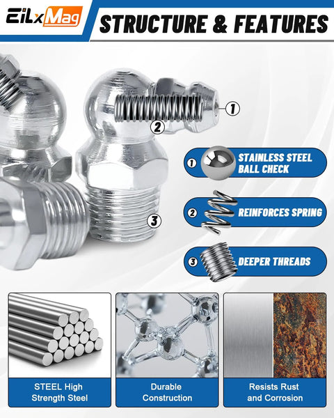 EilxMag 435pc grease fittings kit with SAE/Metric zerk fittings (1/4,1/8,M6,M8,M10); straight and angled, caps