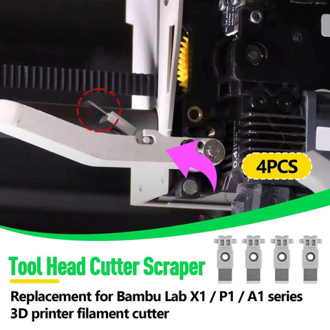4Pcs Steel Tool Head Cutter Scraper Blades Replacement For X1 P1 A1 Series 3D Printers installed in printer