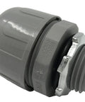 Nonmetallic Liquid Tight Straight Conduit Connector Fitting Half Inch Diameter, gray nylon and metal, side view