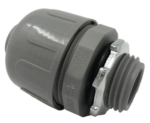 Nonmetallic Liquid Tight Straight Conduit Connector Fitting Half Inch Diameter, gray nylon and metal, side view