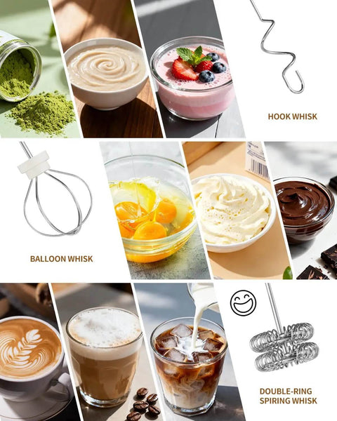 Top Drawer Rechargeable Handheld Milk Frother Wand With Three Adjustable Speed Levels And Solid Stainless Whisks For Silky Latte Foam And Quicker Batter Mixing Comes With Nifty Storage Case In Sleek Silver, various whisks and drinks.