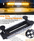Double Sided 30 LED Strobe Light Bar With Ultra Bright Amber And White Emergency Beacon Magnetic Roof Mount displayed on vehicle.