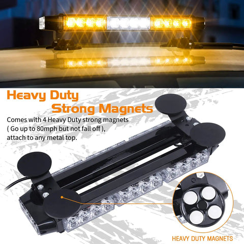 Double Sided 30 LED Strobe Light Bar With Ultra Bright Amber And White Emergency Beacon Magnetic Roof Mount displayed on vehicle.