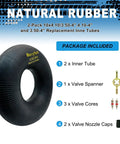 Two Pack Inner Tubes 4.10/3.50-4 With TR87 Bent Valve Stem For Hand Trucks Wheelbarrows Mowers Utility Wagons And More Heavy Duty Replacement For 410/350-4 Wheels, shown with package contents including valve spanner, cores, and nozzle caps.