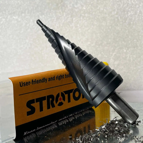 Heavy Duty Step Drill Bit Set For Stainless Steel And Hard Metals, 4 To 32 Mm Metric, 15 Progressive Steps, 5 Percent Cobalt Alloy displayed
