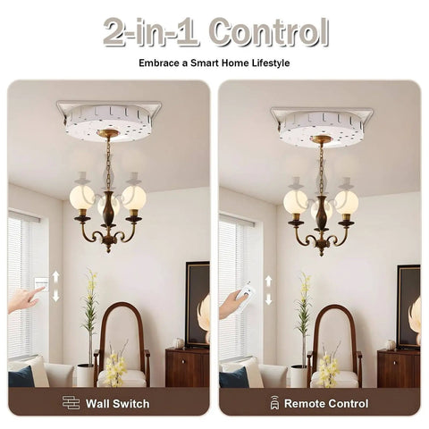 Electric Chain Hoist Ceiling Lamp Lifter Wireless Remote and Wall Switch shown with control options in a living room setting.