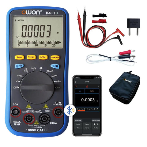 B41T Bluetooth Digital Multimeter With Auto-Ranging TRMS and 22000 Counts showing accessories and smartphone app display