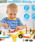Child playing with 44 Piece Wooden Kids Tool Set With Drill, STEM Montessori Construction Toys For 3 4 5 Year Old Boys And Girls