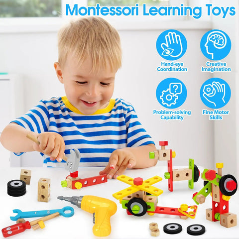 Child playing with 44 Piece Wooden Kids Tool Set With Drill, STEM Montessori Construction Toys For 3 4 5 Year Old Boys And Girls