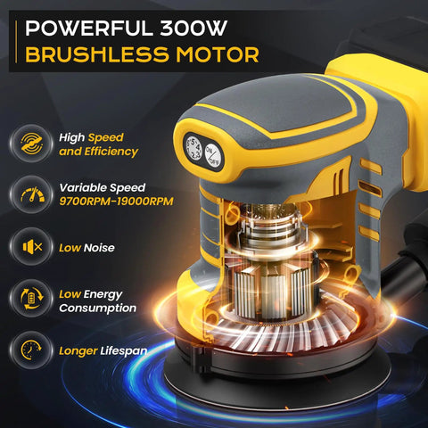Cordless Palm Sander Tool Only Brushless Motor 5 Inch Random Orbital Sander showing powerful motor detail and speed control.