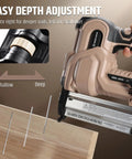 Real Badass Cordless 2 In 1 Brad Nailer And Stapler 18 Gauge showing depth adjustment feature for nail size on wood.