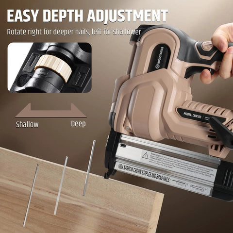 Real Badass Cordless 2 In 1 Brad Nailer And Stapler 18 Gauge showing depth adjustment feature for nail size on wood.