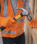 Built Tough 10 Mil Nitrile Gloves With Rock Solid Diamond Grip, Powder Free And Latex Free Orange Safety Gear For Garage Projects, Mechanic Work, And Greasy Cleanup Jobs, Large 100 Count, worker using a hammer while wearing orange gloves.