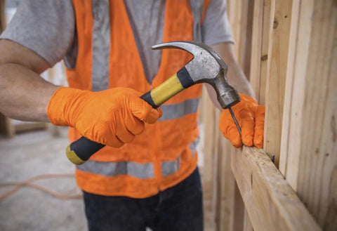 Built Tough 10 Mil Nitrile Gloves With Rock Solid Diamond Grip, Powder Free And Latex Free Orange Safety Gear For Garage Projects, Mechanic Work, And Greasy Cleanup Jobs, Large 100 Count, worker using a hammer while wearing orange gloves.