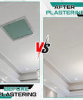 Comparison of Rock Solid 12X12 Aluminum Drywall Access Panel before and after plastering on ceiling.