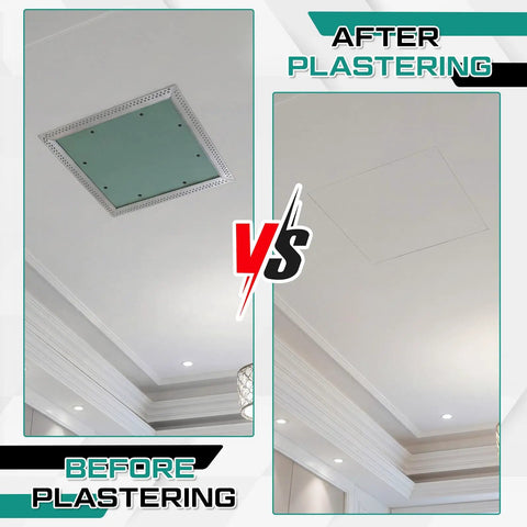 Comparison of Rock Solid 12X12 Aluminum Drywall Access Panel before and after plastering on ceiling.