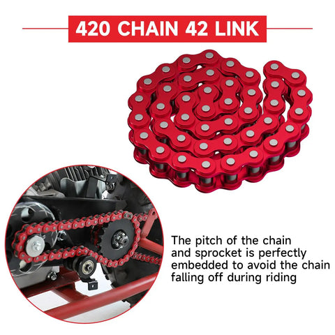 Mini Bike Chain Tensioner Kit With 420 Chain 42 Links for Predator 212 OHV, red chain coiled and installed on sprocket