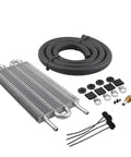 Heavy Duty 4 Row Aluminum Transmission Oil Cooler Universal Kit With 6 Pass Tube And Fin Design, Includes 6 AN Lines For Engine Cooling, Extends Lifespan, Reduces Heat And Keeps Your Ride Crisp. kit with hose and clamps