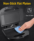 Aigostar Flat Sandwich Maker With Nonstick Deep Grill Surface, Black showing a hand cleaning the non-stick flat platen.