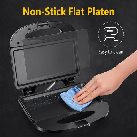 Aigostar Flat Sandwich Maker With Nonstick Deep Grill Surface, Black showing a hand cleaning the non-stick flat platen.