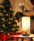 Small Table Lamp For Bedroom And Nightstand With Square Fabric Shade beside Christmas tree in cozy living room