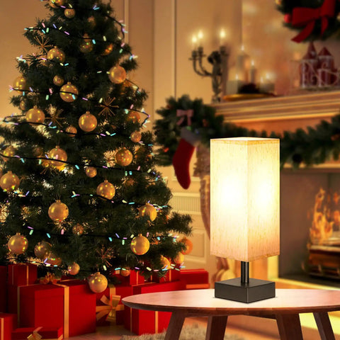 Small Table Lamp For Bedroom And Nightstand With Square Fabric Shade beside Christmas tree in cozy living room