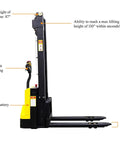 Heavy Duty Electric Thin Leg Pallet Stacker with ergonomic handle and 130 inch lift height, ideal for warehouse use.