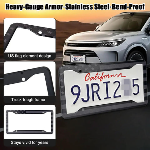 Patriotic Stainless Steel License Plate Frames 2 Pack With USA Flag Design Rustproof Car Tag Covers, detailed view.