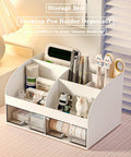 Ultimate Desk Organizer With Six Compartments And Two Drawers, Plastic Makeup Organizer And Pen Holder, White Desktop Storage