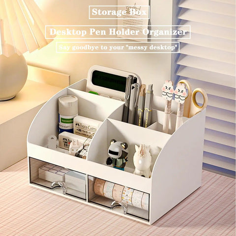 Ultimate Desk Organizer With Six Compartments And Two Drawers, Plastic Makeup Organizer And Pen Holder, White Desktop Storage