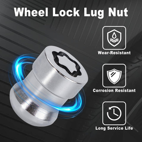 Lock Your Ride Anti Theft Wheel Lock Lug Nut Set With Key Cone Seat Chrome M12x1.5 displaying chrome lug nut with wear and corrosion resistance.