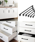 10 Pack 5 Inch Matte Black Cabinet Pulls Zinc Alloy Drawer Handles installed on white cabinets and drawers in modern kitchen