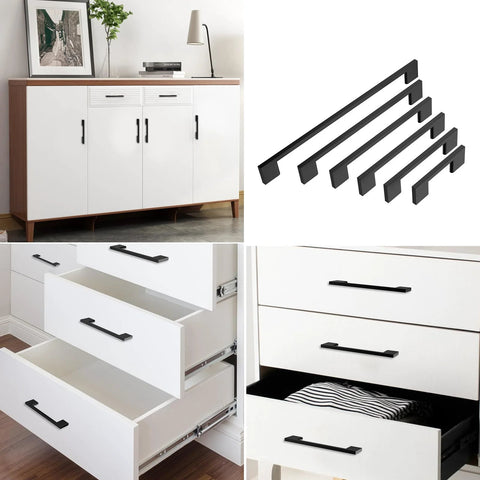 10 Pack 5 Inch Matte Black Cabinet Pulls Zinc Alloy Drawer Handles installed on white cabinets and drawers in modern kitchen