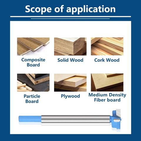 NUSHKI hex-shank carbide-tipped hole saw drill bit, 22mm, blue cutter head; six wood types shown.