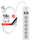 No Fuss Rock Solid Surge Protector Power Strip With Ten Foot Extension Cord Packing Six Grounded Outlets And Reliable Eight Hundred Joule Coverage For Home Office Tech And Garage Gear, featuring a white casing and 10-foot cord.