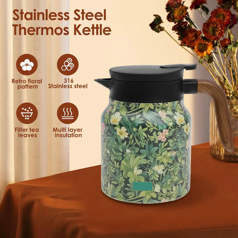 Large Capacity 1000ml Thermal Coffee Carafe And Insulated Tea Pot Stainless Steel Leak-Proof Water Pitcher with floral design