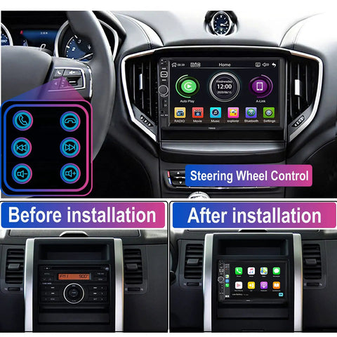 Double Din Car Stereo With Apple CarPlay And Android Auto interface and steering wheel controls display