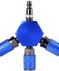 3 Way Air Splitter Manifold With Industrial Couplers And Plugs For Air Compressor Hose, blue aluminum, top view