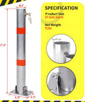 Beefy Foldable Steel Parking Bollard Post With Secure Lock And Bold Warning Stripes For No Sweat Driveway Garage And Street Traffic Control Effortless Setup Barrier In Matte Gray 27.6in size with dimensions and key detail.