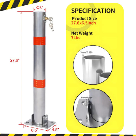 Beefy Foldable Steel Parking Bollard Post With Secure Lock And Bold Warning Stripes For No Sweat Driveway Garage And Street Traffic Control Effortless Setup Barrier In Matte Gray 27.6in size with dimensions and key detail.