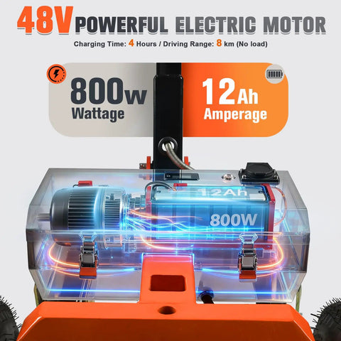Electric motor details for Super Duty Electric Trailer Dolly with 800W wattage and 12Ah amperage specifications.