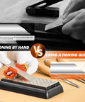 Comparison of honing by hand versus using a honing guide for precision sharpening with tools and jigs.