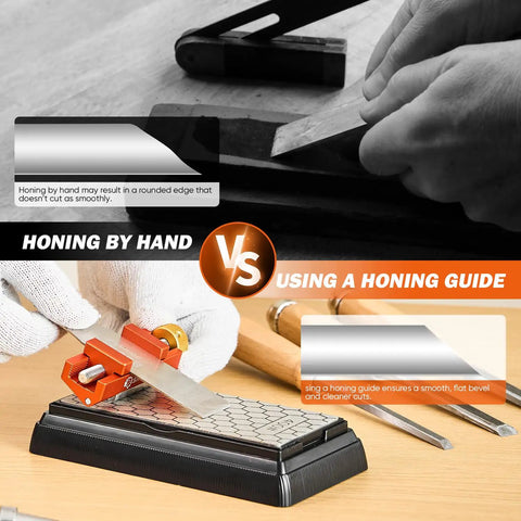 Comparison of honing by hand versus using a honing guide for precision sharpening with tools and jigs.