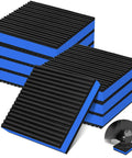 8 Pack Anti Vibration Pads For Washing Machines And More Ribbed Rubber Damping Mats With Eva Center For Dryers Air Conditioners Treadmills Compressors And HVAC No Drama Noise Reduction And Shock Absorption, showing stacked ribbed pads with blue EVA core, one pad slightly elevated.