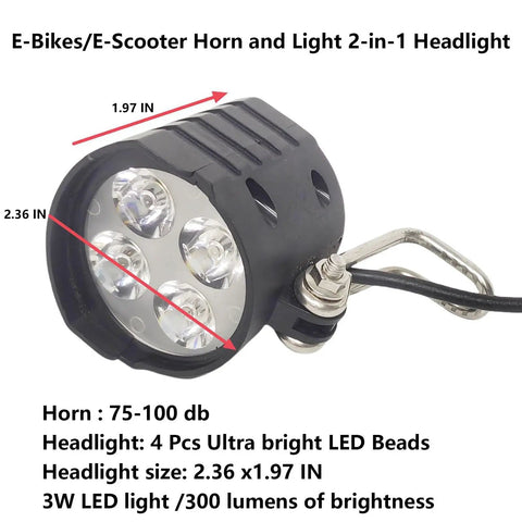 LED Headlight With Horn For Electric Bicycles And E Scooters Waterproof 3 Pin Female Connector 36V 48V Compatible 4 Beads High Output Front Light Replacement For Bike With 15 Inch Wire