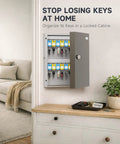 Wall-mounted 32 Key Wall Mounted Lock Box With Dual Lock Key And 3-Digit Combo in home setting, writable key racks visible.