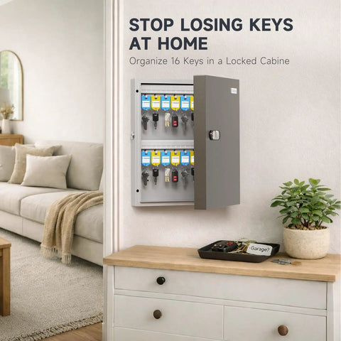 Wall-mounted 32 Key Wall Mounted Lock Box With Dual Lock Key And 3-Digit Combo in home setting, writable key racks visible.