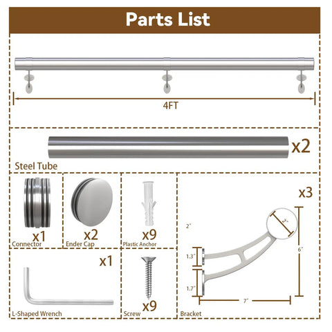 Premium Stainless Steel Bar Foot Rail Kit Includes Heavy Duty Wall Mount Brackets, 4ft parts list and assembly components.