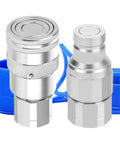Flat Face Hydraulic Quick Connect Couplers Three Eighths Inch NPT ISO 16028 With Dust Caps Male And Female Set 5076 PSI Rating