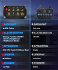 Comparison of 8 gang RGB wireless switch panel with auto dimming and memory to a single button panel with specifications.